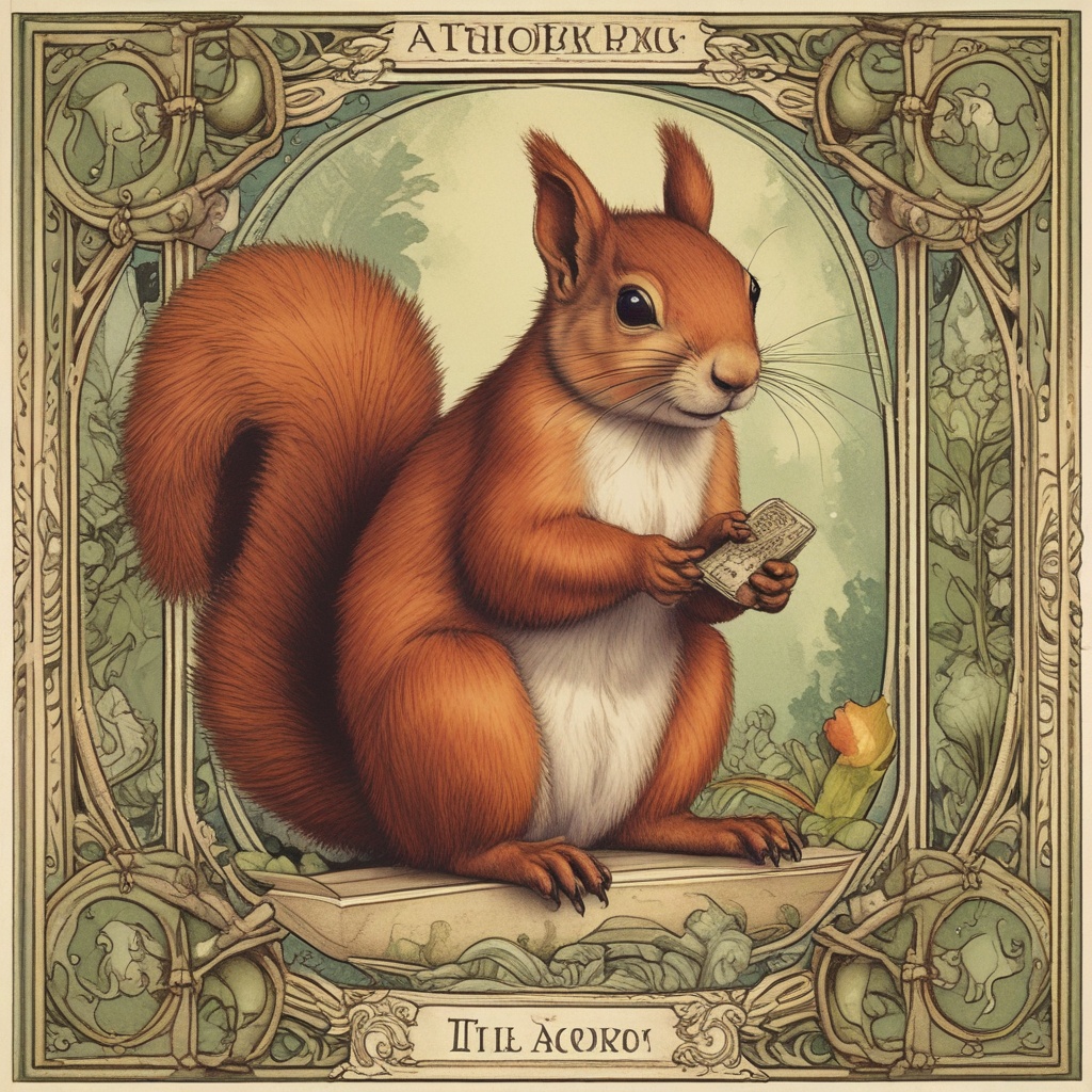 Squirrel on a tarot card budgeting with acorns