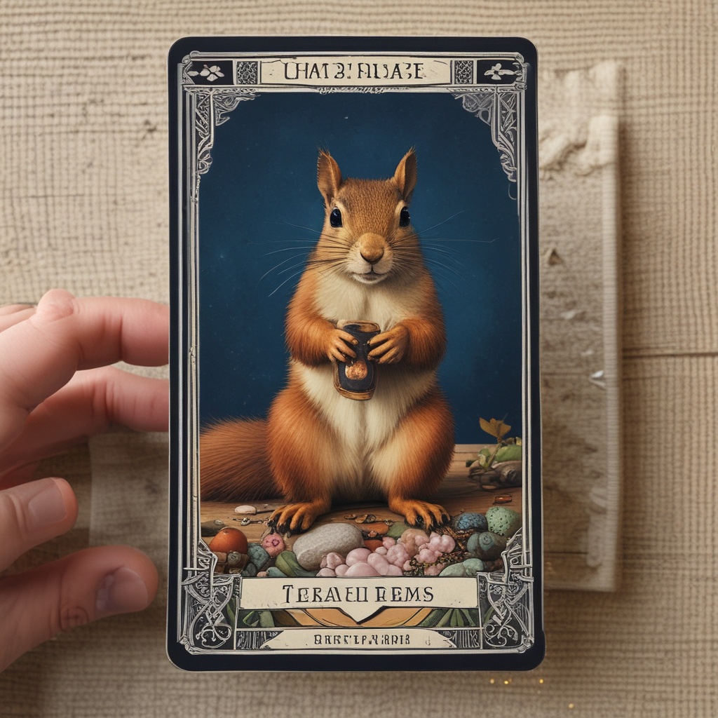 Squirrel on a tarot card comparing two items before purchasing