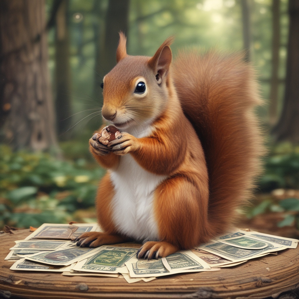 Squirrel on a tarot card investing nuts for future use