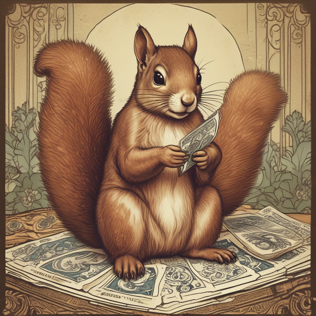 Squirrel on a tarot card navigating through debt traps wisely