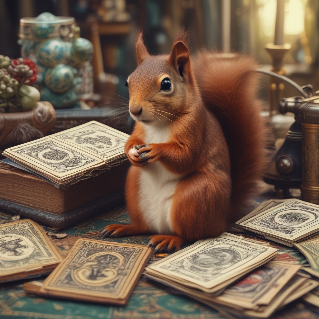 Squirrel on a tarot card reading financial books