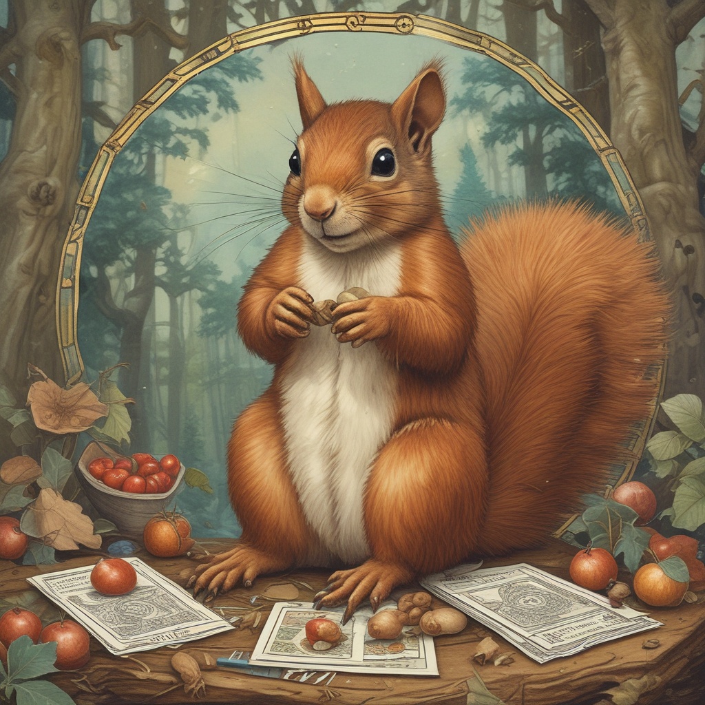 Squirrel on a tarot card saving nuts for winter