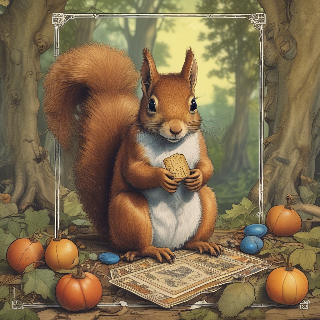 Squirrel on a tarot card watching interest grow on acorns